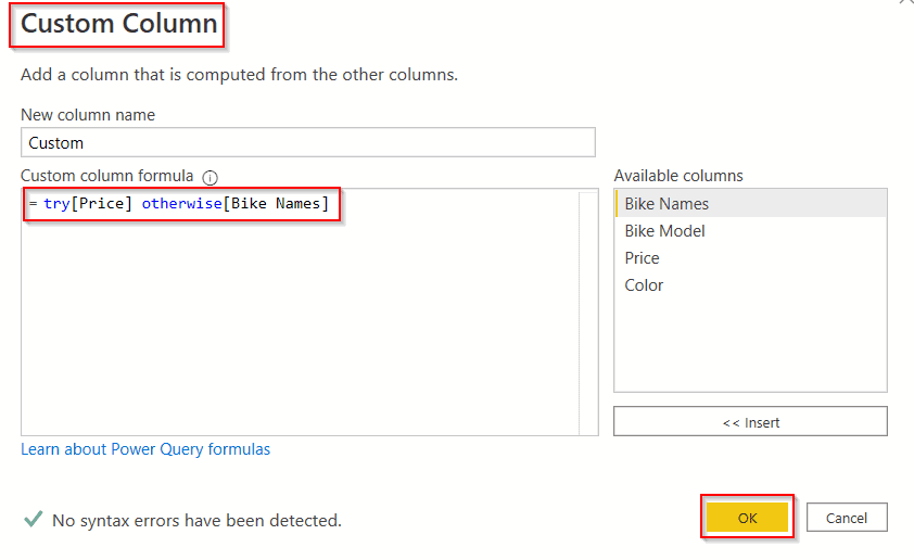 Power query add column if an error