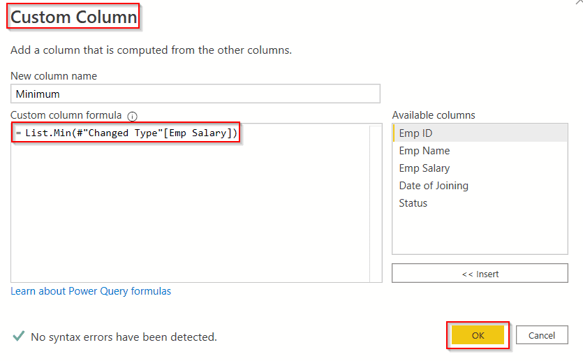 Power query add column minimum value