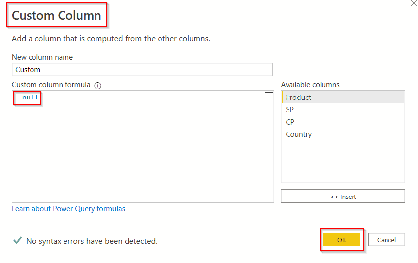 Power query add column null