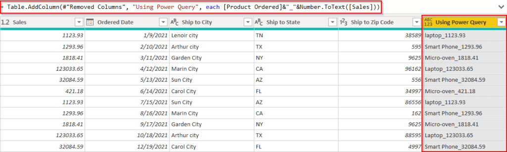 Power Query concatenate text and Number example