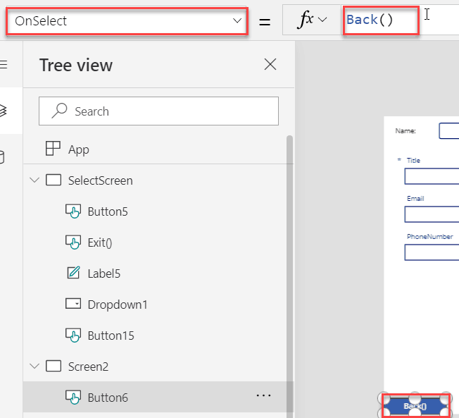 Powerapps functions Back()