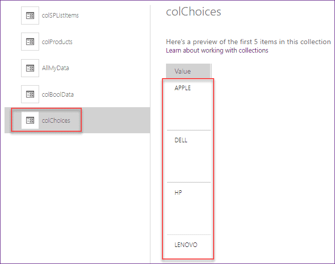 PowerApps collection SharePoint choice column