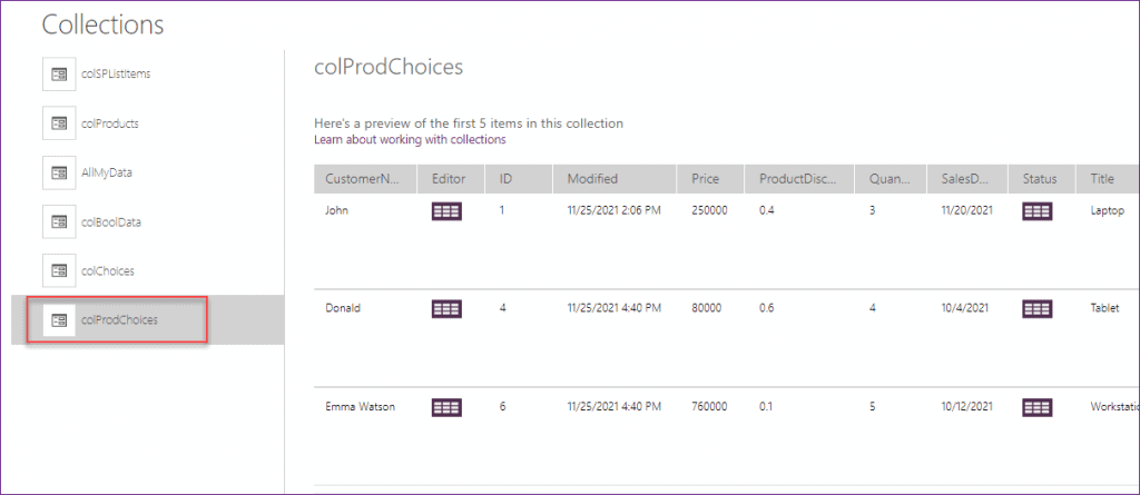 PowerApps collections SharePoint choice column