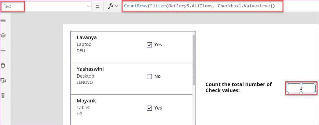 PowerApps count checkbox value