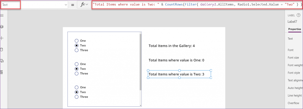 PowerApps count rows in a gallery