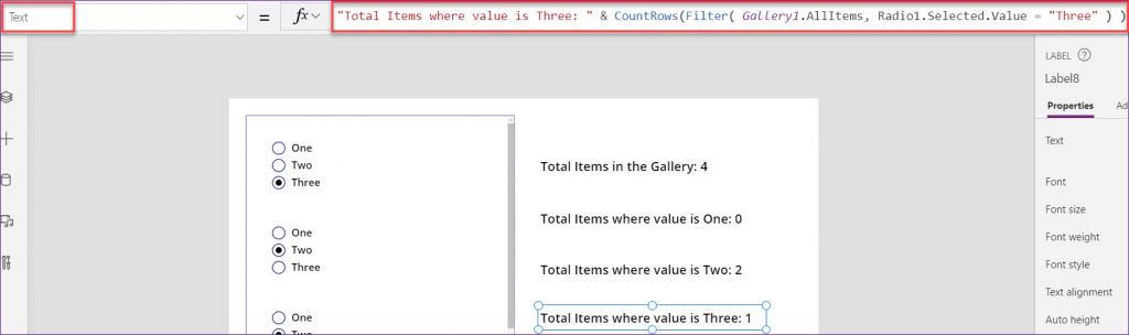 PowerApps count rows in the gallery