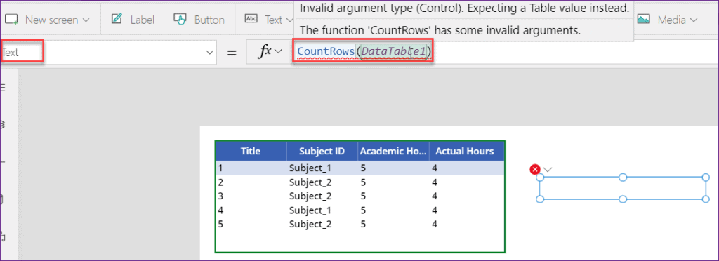 PowerApps countrows datatable