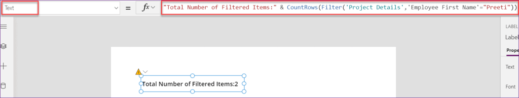 PowerApps countrows filter item