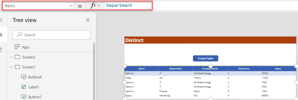 Distinct() PowerApps function