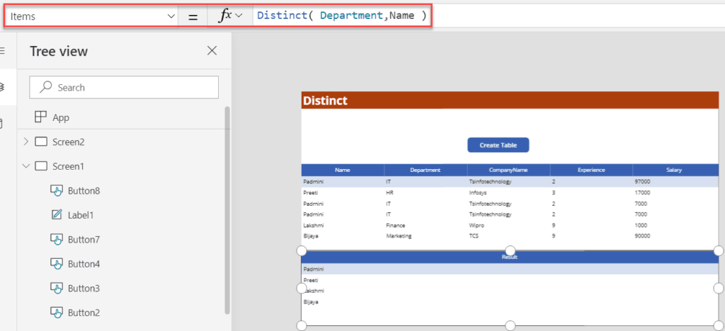 Distinct() PowerApps function example