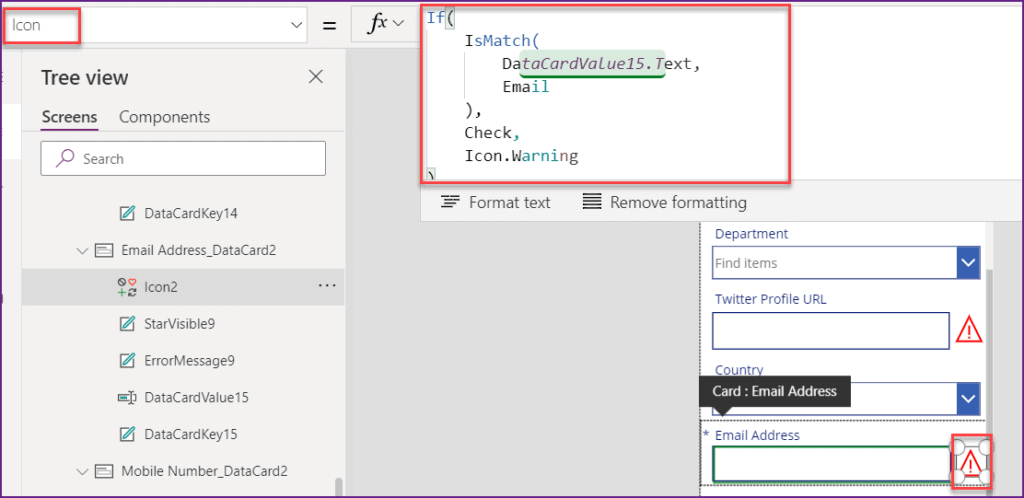 powerapps email field validation