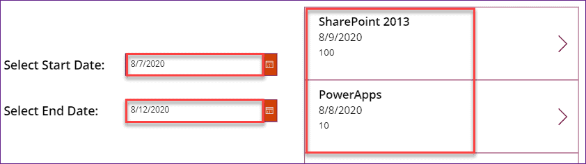 PowerApps filter gallery date range