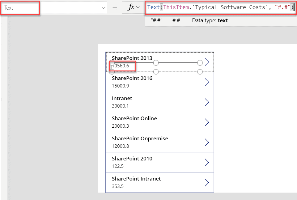 powerapps format number decimal place