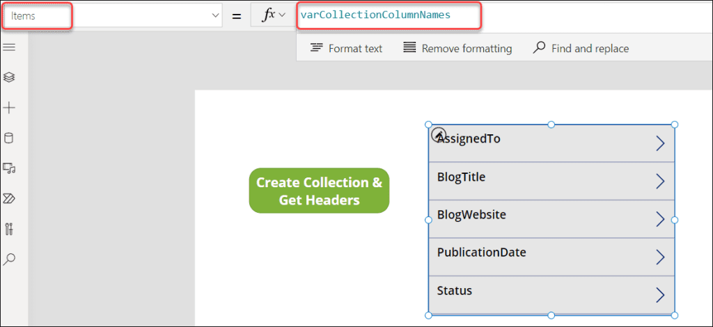 PowerApps get collection column names