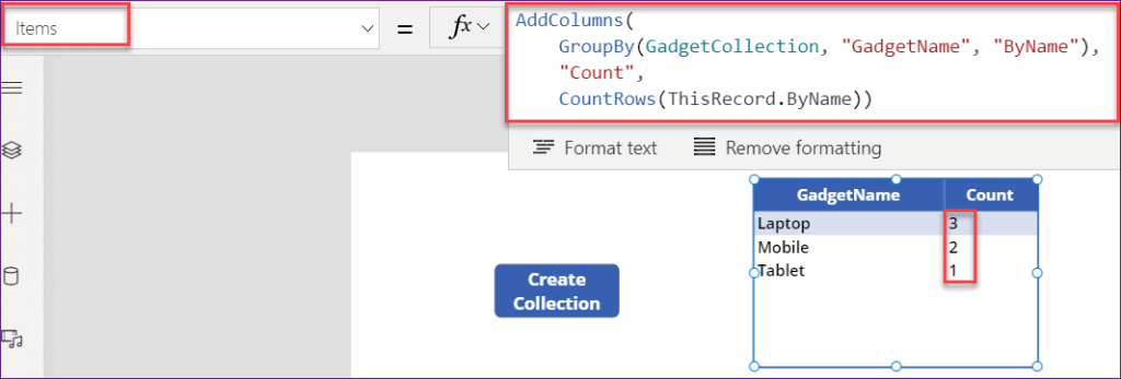 PowerApps groupby count rows