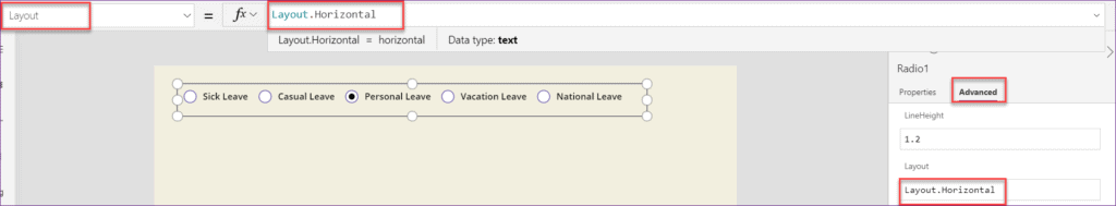 Change Power Apps Radio Button Layout from Vertical to Horizontal