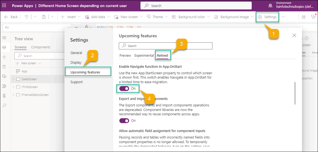 powerapps show screen based on user