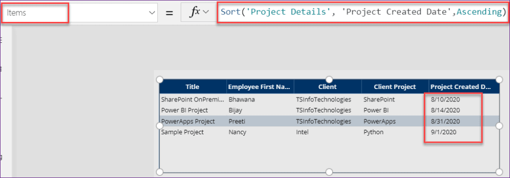 PowerApps sort by columns filter date