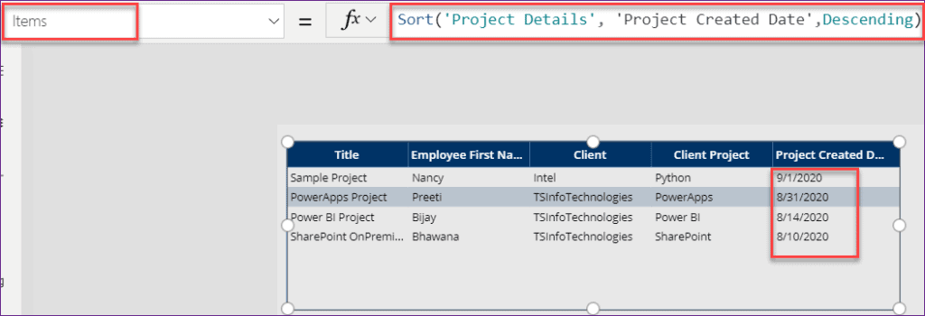 PowerApps sort by date