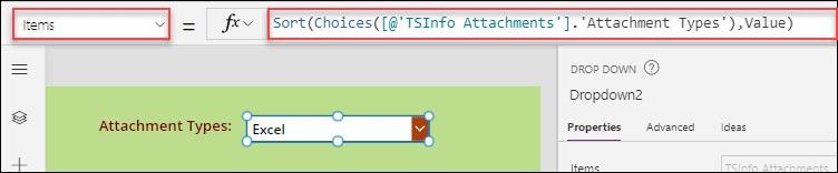 PowerApps sort dropdown choice field