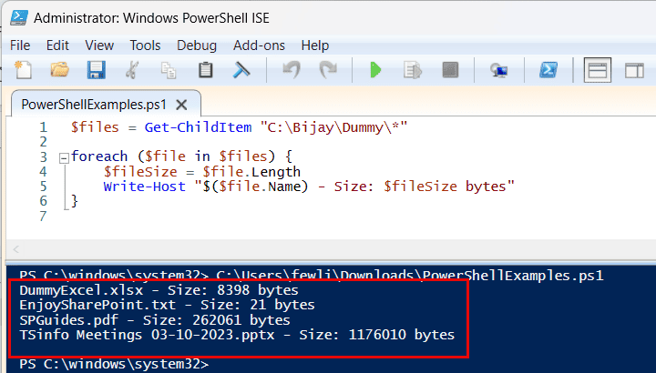 powershell check file size