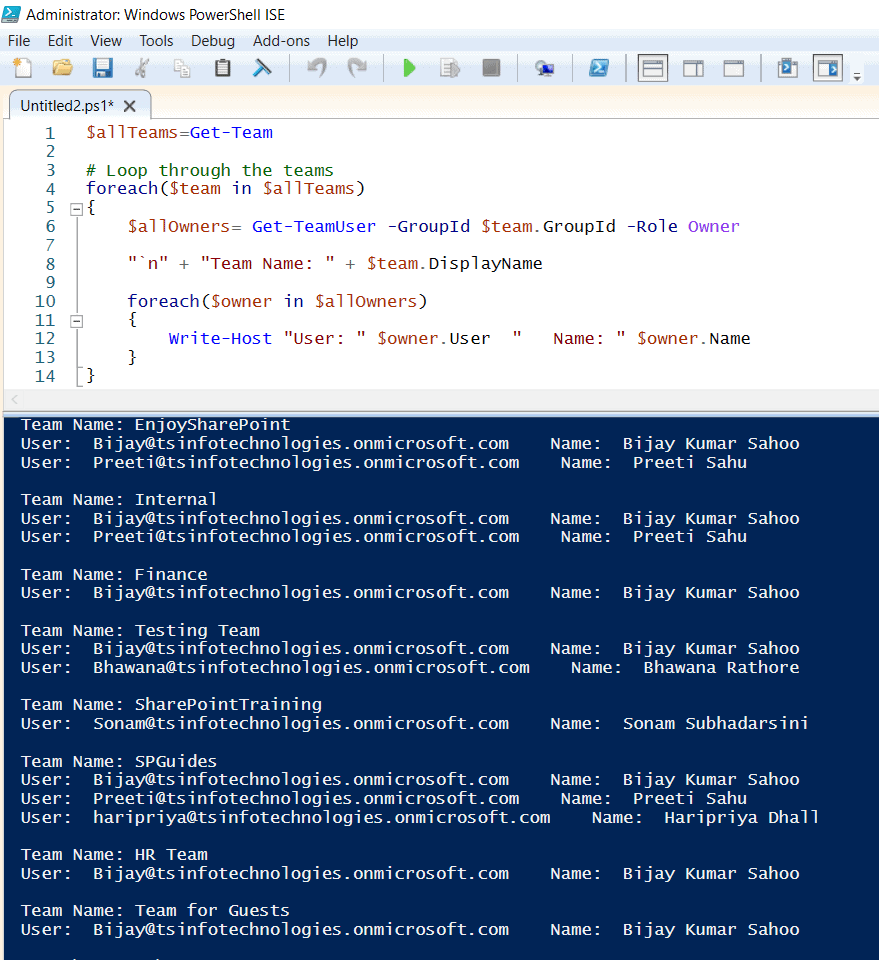 PowerShell get all teams and owners