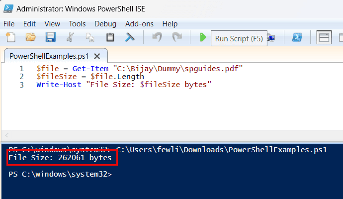 powershell get file size