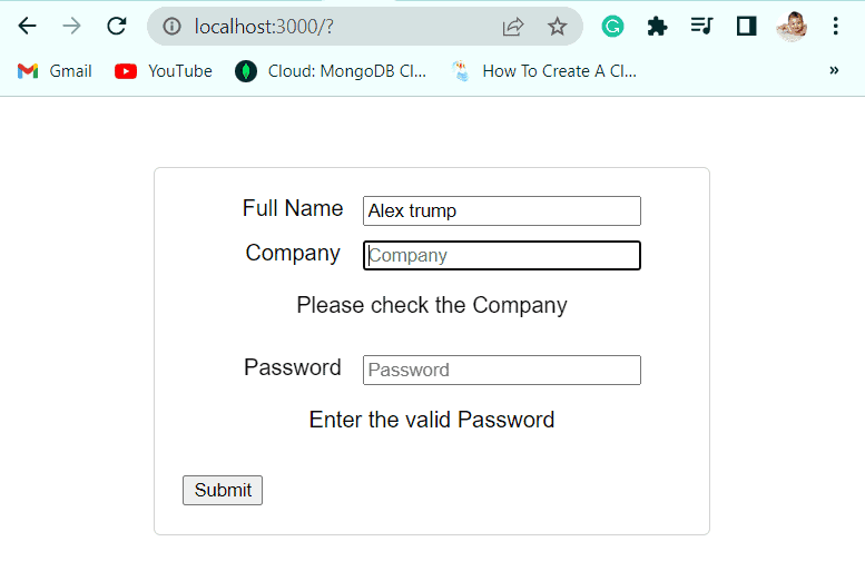 react form validation on submit functional component