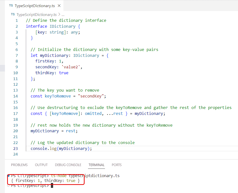 remove key from dictionary in typescript