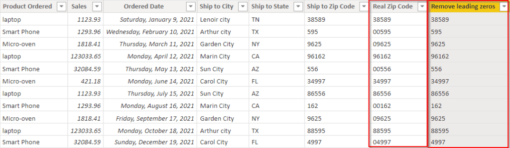 Remove leading zeros in text field Power BI example