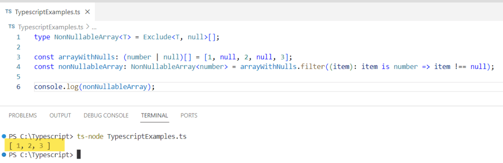 Remove Null Values from an Array in TypeScript using Exclude Utility Type