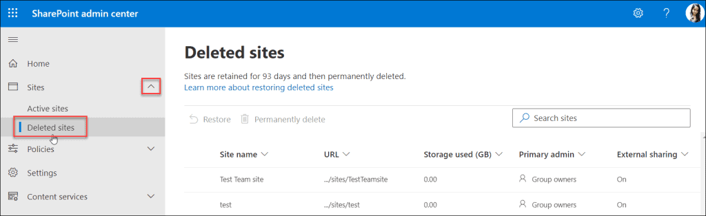 Restore a deleted site in the new SharePoint Admin Center