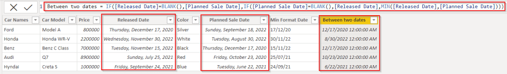 Return the minimum date when comparing two date columns