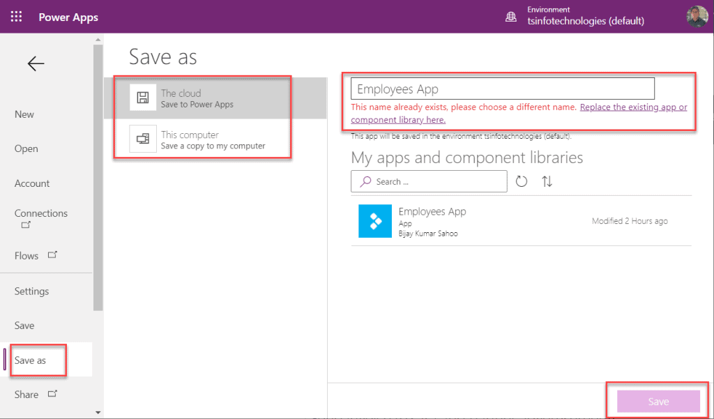 Save power apps app