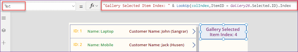 Search Gallery get item index in PowerApps