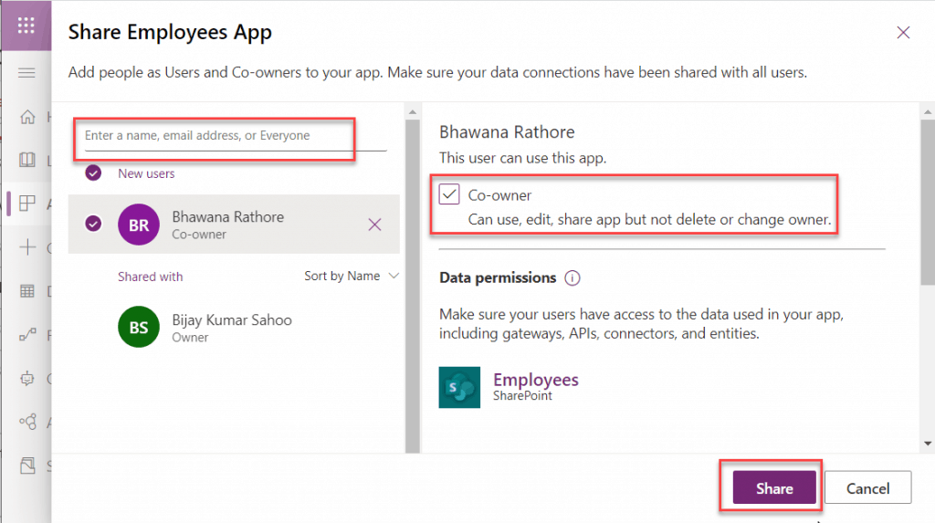 set co-owner in power apps app