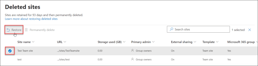 SharePoint Admin Center Recycle Bin