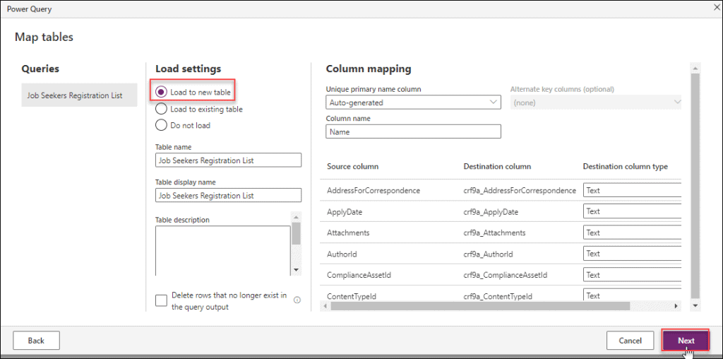 SharePoint list Dataverse create table