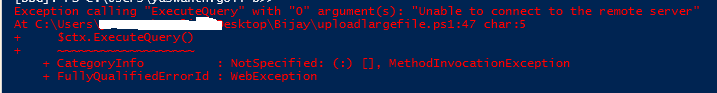 Exception calling ExecuteQuery with 0 argument(s) Unable to connect to the remote server