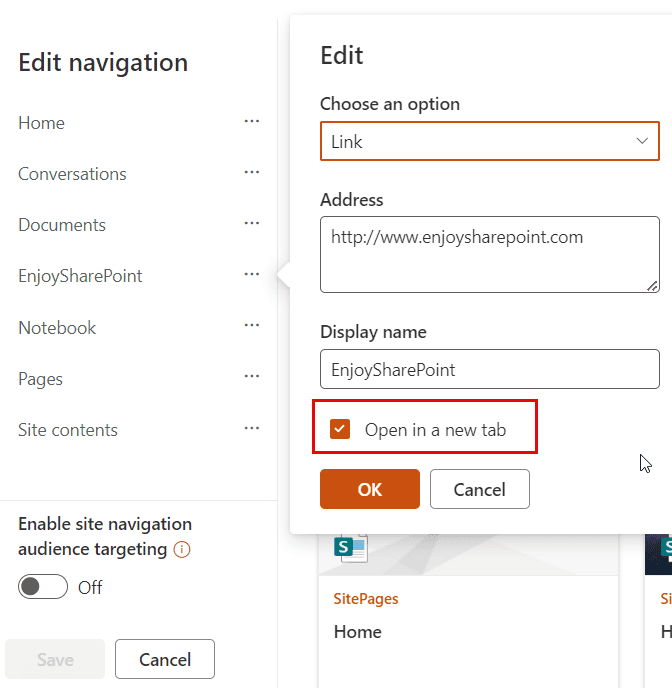 sharepoint quick launch open in new tab