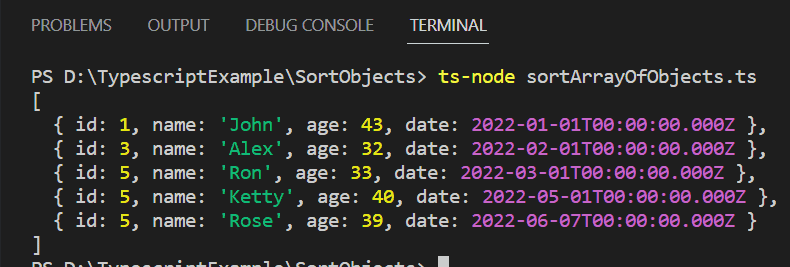 Sort array of objects in typescript by date