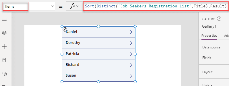 Sort distinct filter Power Apps