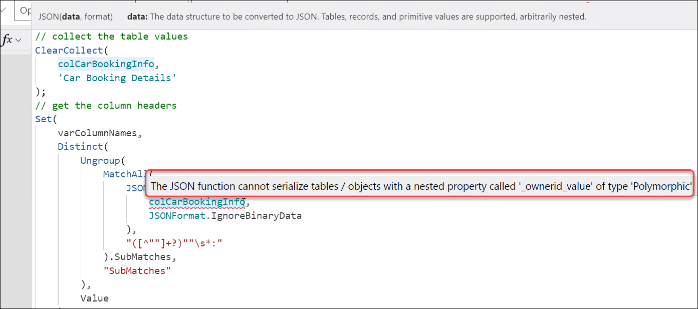 The JSON function cannot serialize table / object with a nested property in Power Apps