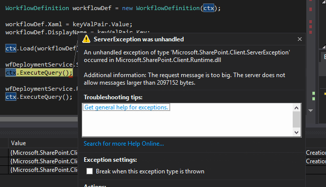 the request message is too big sharepoint online visual studio 2015 workflow