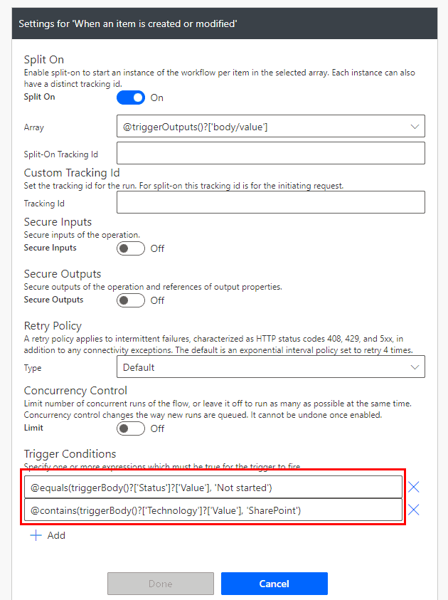 trigger conditions in power automate