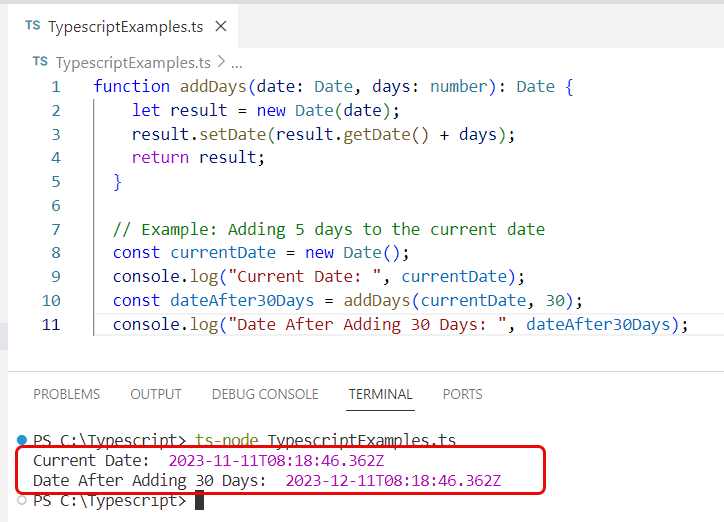 typescript add 30 days to date