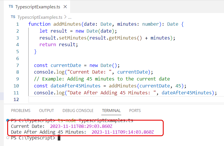 typescript add minutes to date