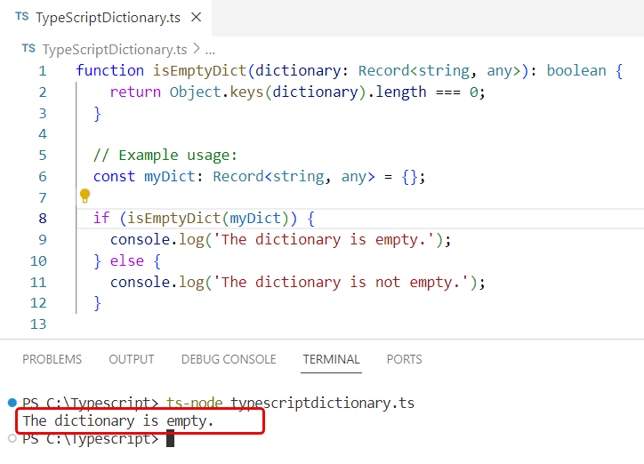 typescript check if dictionary is empty