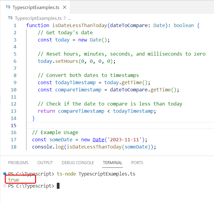 typescript date less than today