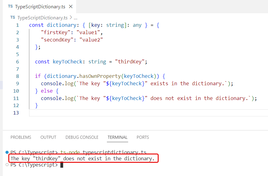 typescript dictionary check if key exists